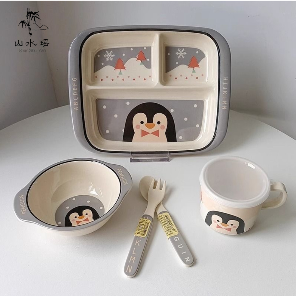 Bộ đồ ăn dặm trẻ em bằng sợi tre mờ hình chim cánh cụt và hươu cao cổ với bát ăn sáng chia ngăn và n