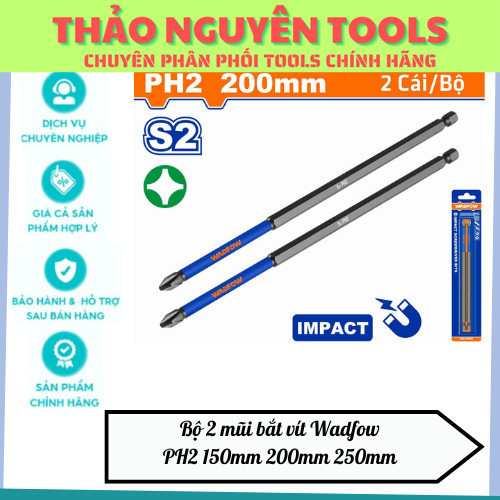 Bộ 2 mũi bắt vít Wadfow PH2 150mm 200mm 250mm , thép công nghiệp S2