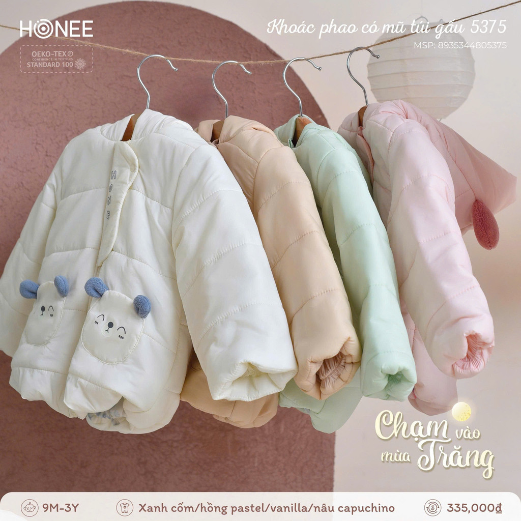 [FreeShip] [Chính hãng] HONEE - Áo khoác phao, gile phao túi gấu cho bé trai bé gái từ 6 tháng đến 4