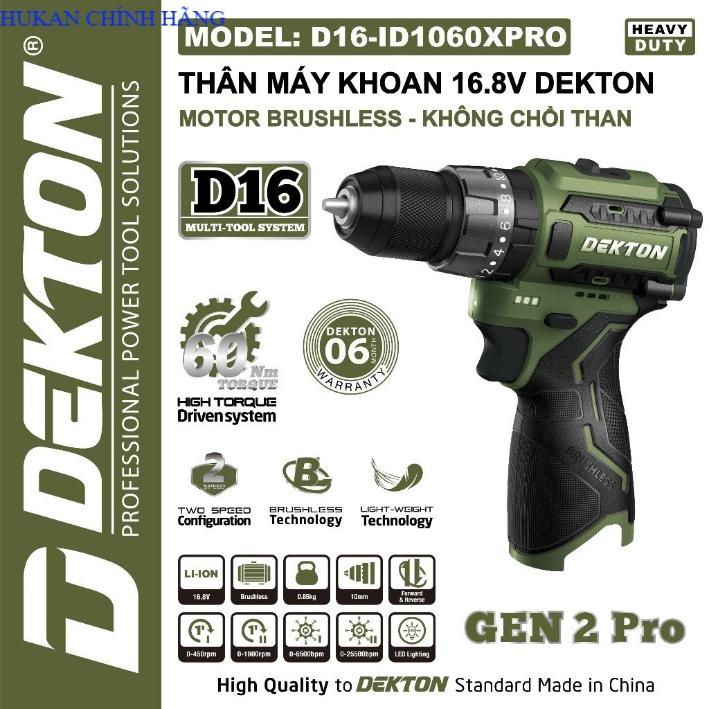 Máy khoan pin DEKTON Gen 2 Pro D16-ID1060XPRO, Không chổi than 60Nm, 3 Chức năng HUKANCHINHHANG