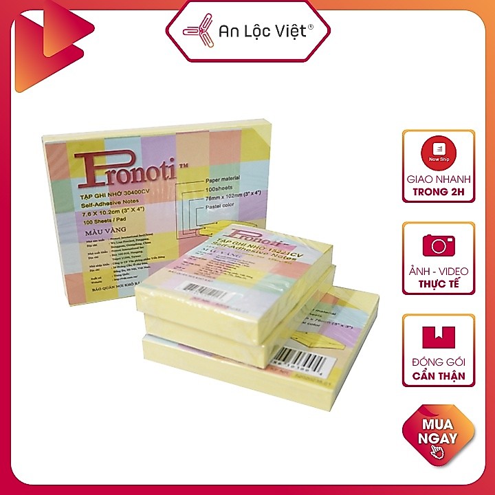 [HÀNG CHÍNH HÃNG] Xấp 100 tờ Giấy Note Ghi Chú Vàng 3x2 - 3x3 - 3x4 - 3x5 inch hiệu Pronoti tiện dụn