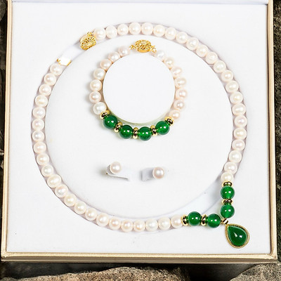 Bộ Trang Sức Ngọc Trai Bạc 925 Mạ Vàng 9ly Mix Đá Xanh Sang Trọng Làm Quà Tặng - Ngọc Trai Trường Thịnh
