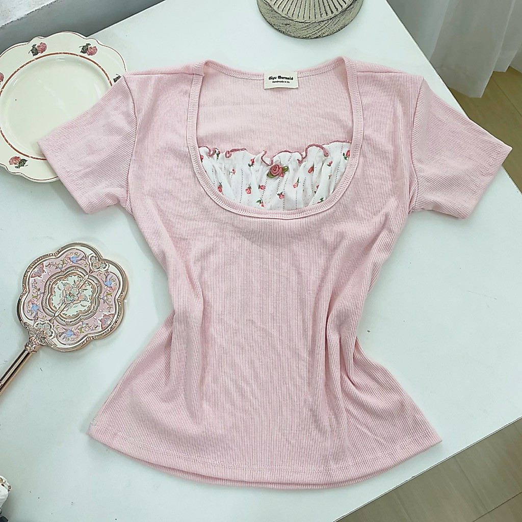 Áo phong cách coquette kiểu acubi brandy nữ baby tee nơ màu hồng bánh bèo thun tăm thông hơi