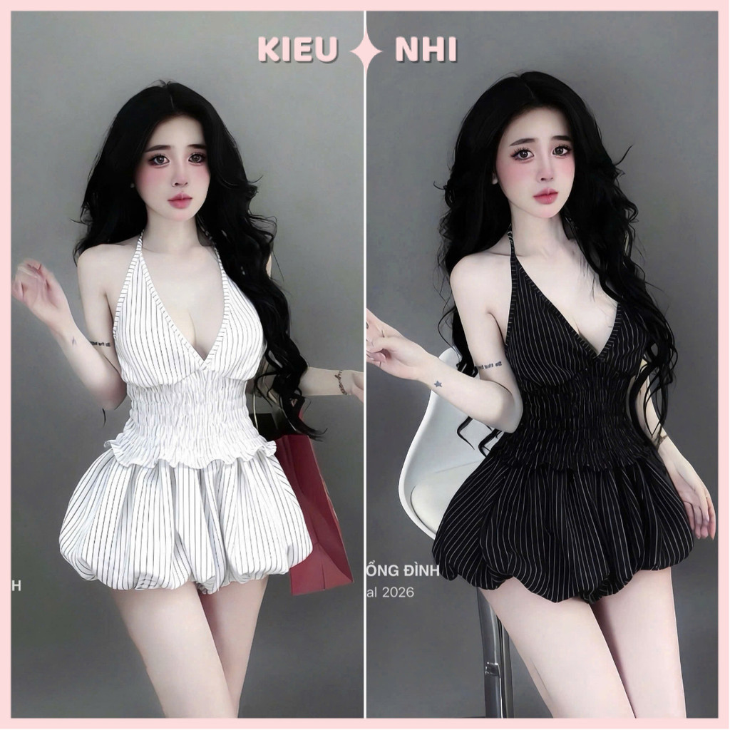 Set Đồ Đi Chơi Nữ 2 Món Gồm Áo Cổ Yếm Khoét Ngực Sâu Nhún Thun Moking Bo Eo Mix Quần Short Giả Váy Quả Bí Phao Kẻ Sọc