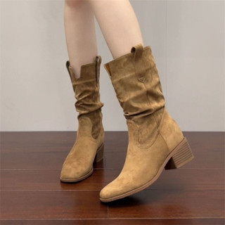  Phong Cách Anh Mũi Tròn Da Lộn Thời Trang Nâng Cao Ống Dài Giày Bốt Thời Trang PU Nữ Mặc Bên Ngoài Chống Trơn Trượt Co Giãn Giày Cao Cấp Nhà Máy Giá Bán Buôn 