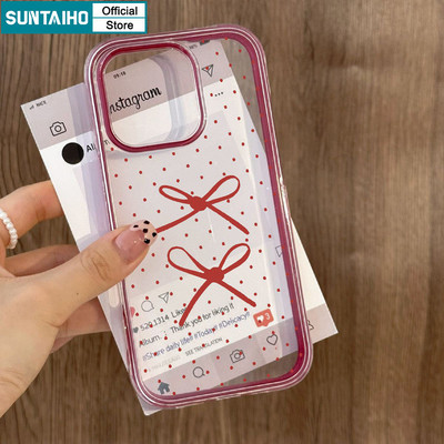 Ốp Điện Thoại Suntaiho Màu Đỏ Dễ Thương Nơ Chấm Bi Trong Suốt Cao Cấp Cứng Chống Sốc Cho iPhone 11 12 13 14 15 16 Pro Max IP