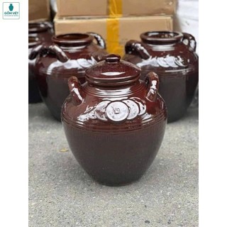Chum sành ngâm rượu tráng men gốm Bát Tràng, chum sứ nâu đồng tiền men bóng 2 quai, chum đựng gạo, đựng muối, đựng rượu