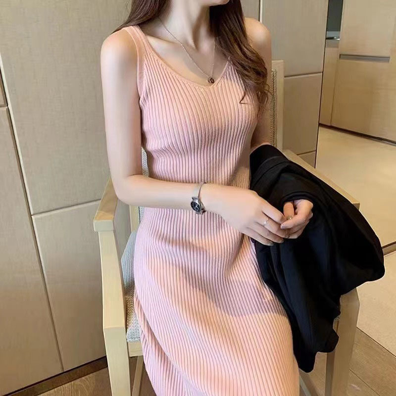 Đầm camisole đan mới, eo thon, đầm vest mùa xuân thu, đầm camisole đan bên trong, kiểu dài