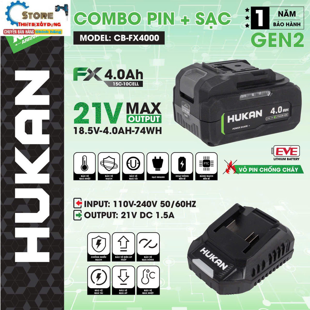 Pin Hukan 10Cell G2- FX4000 Dòng Xả 15C dung lượng 4Ah 6Ah tặng 1 sạc Store thiết bị HUKAN