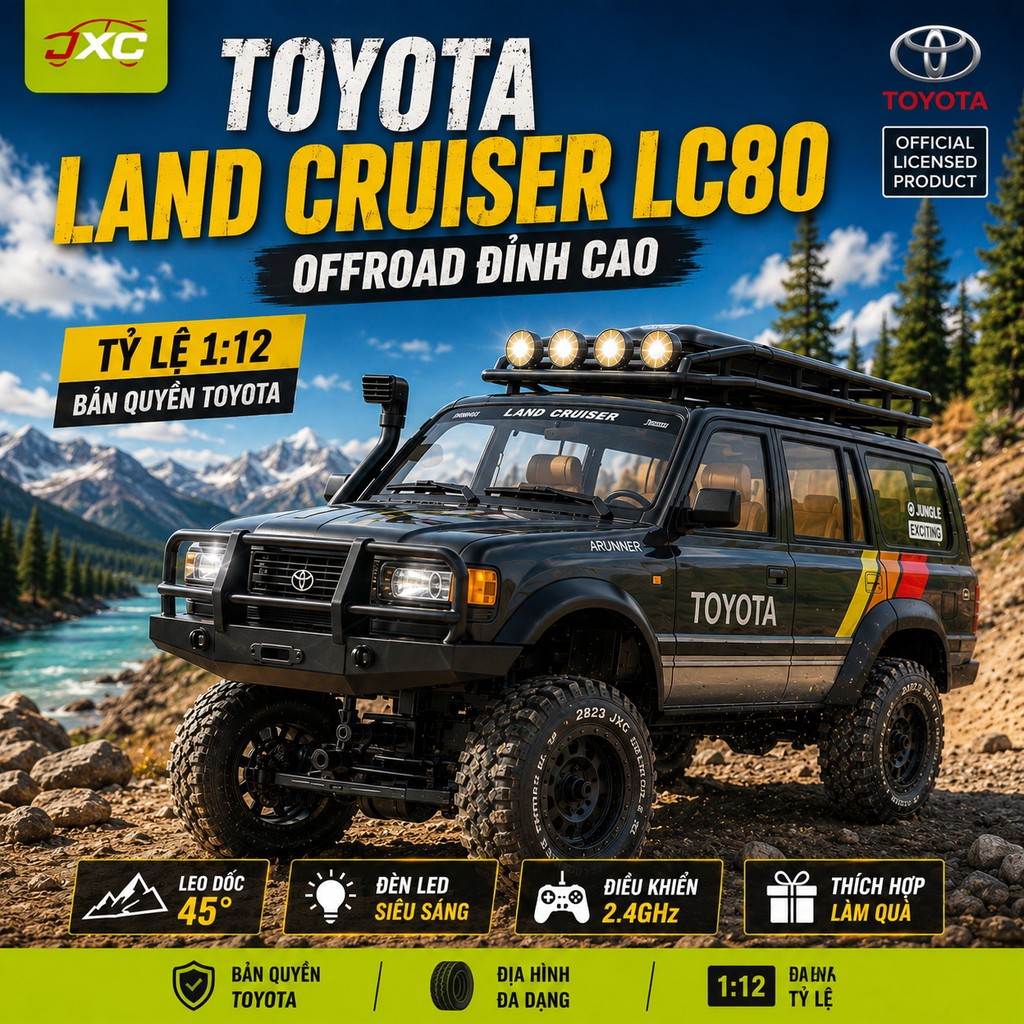 Xe Địa Hình RC Toyota Land Cruiser LC80 1:12 Được Cấp Phép Chính Hãng Đèn LED Tải Nóc 4WD