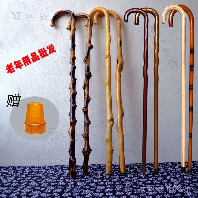 Gậy chất lượng cao dành cho người già, mía đơn gỗ nguyên khối cổ điển có miếng lót chống trượt và mâ
