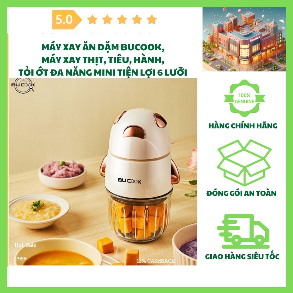 Máy Xay Ăn Dặm Bucook BNP0523, Máy Xay Thịt, Tiêu, Hành, Tỏi Ớt Đa Năng Mini Tiện Lợi 6 Lưỡi Xay Sắc