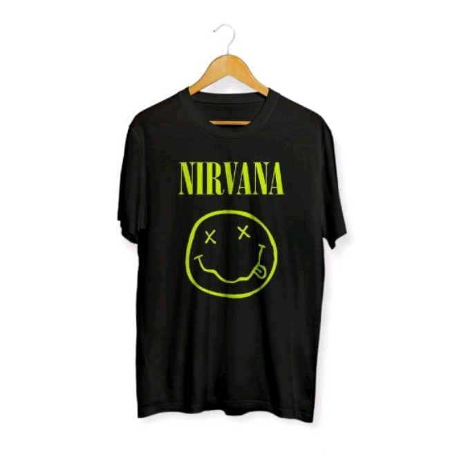 Áo thun nam, áo thun ban nhạc Nirvana (Nirvana), in mặt trước với tên ban nhạc "NIRVANA" màu xanh hu