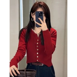  YAYUAN Cardigan dệt kim màu đỏ phong cách mới phù hợp thời trang nữ 