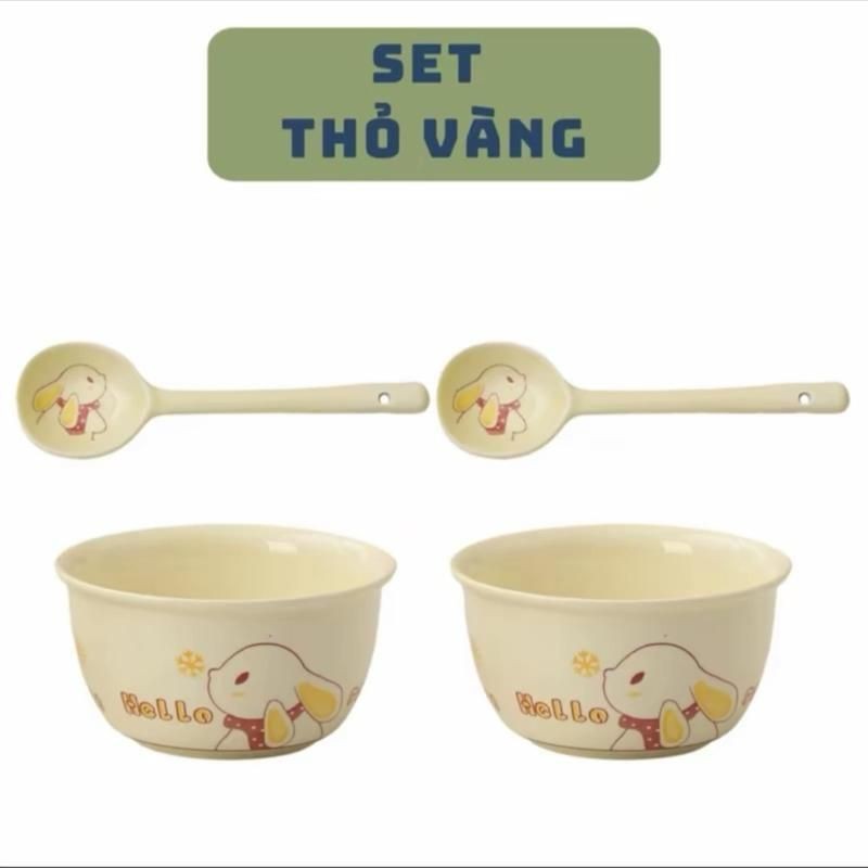( Tặng 2 Thìa ) Set 2 Bát Sứ Hình Thỏ Vàng  , set 2 bát 2 thìa ăn dặm cho bé. Hàng Đóng Hộp Xốp