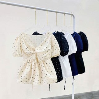  Áo kiểu babydoll nữ bigsize dáng xòe cổ chữ V xoắn ngực nổi bật tay phồng bồng bềnh chất liệu lụa chéo mềm mịn – A289 