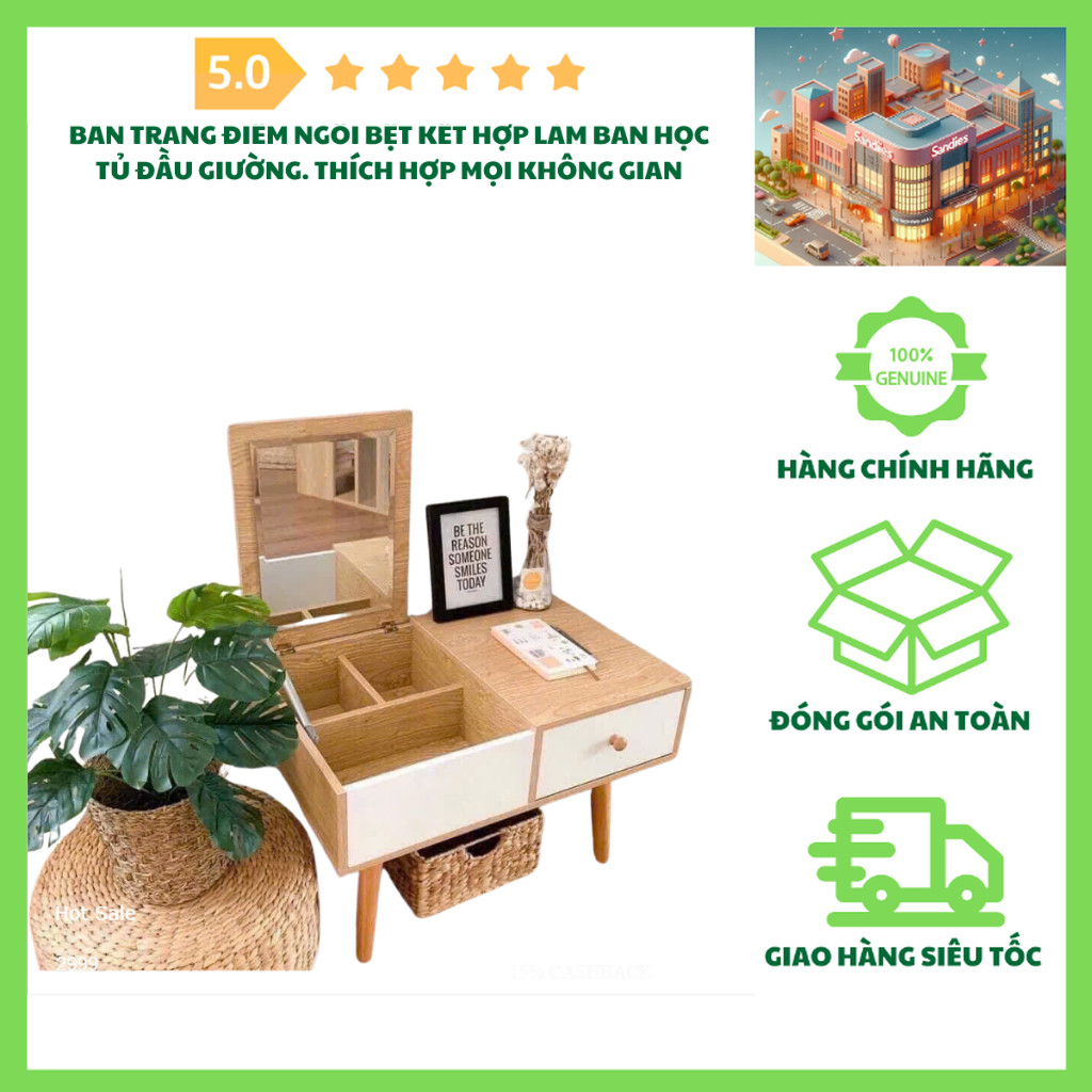 Bàn Trang Điểm Ngồi Bệt 60cm Gỗ MDF Phủ Melamine, Kết Hợp Bàn Học, Tủ Đầu Giường