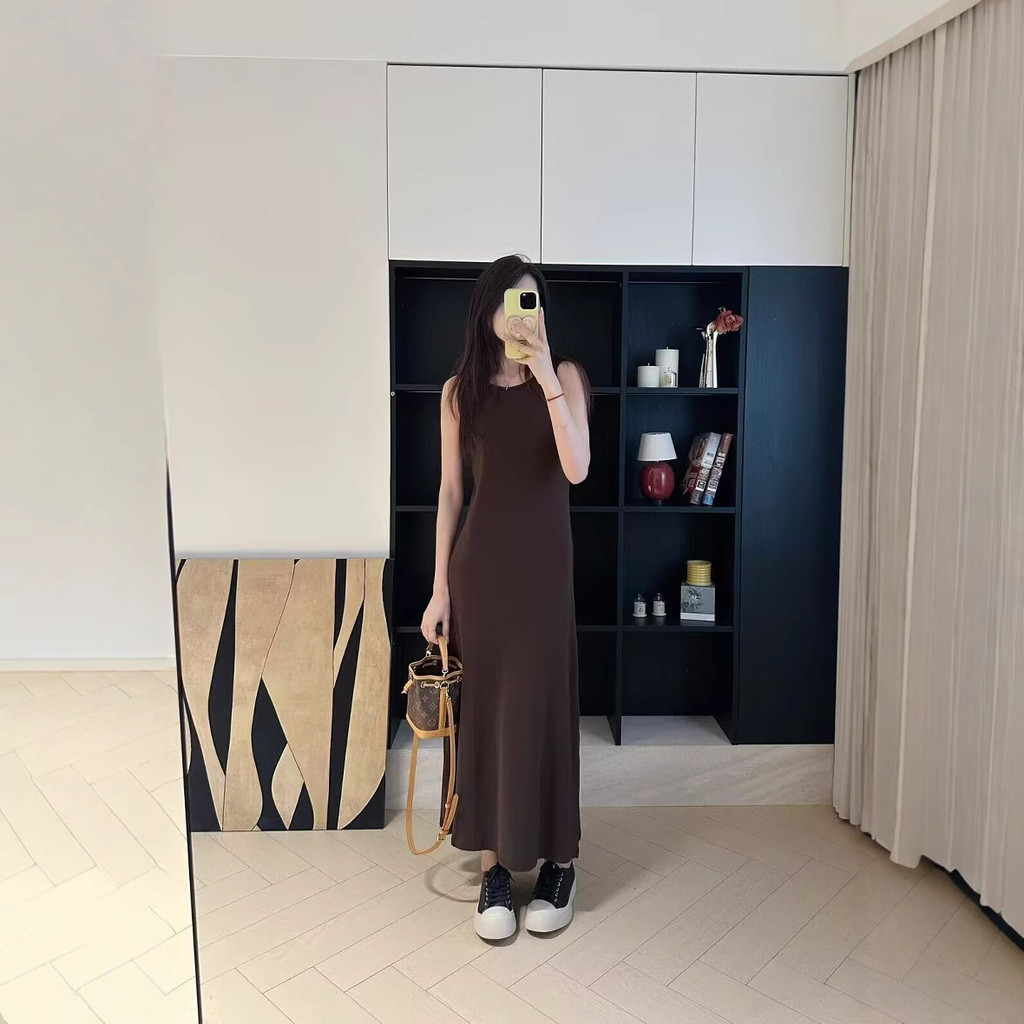 Đầm camisole không tay lười biếng, đầm lót thẳng rộng, đầm dài cho phụ nữ