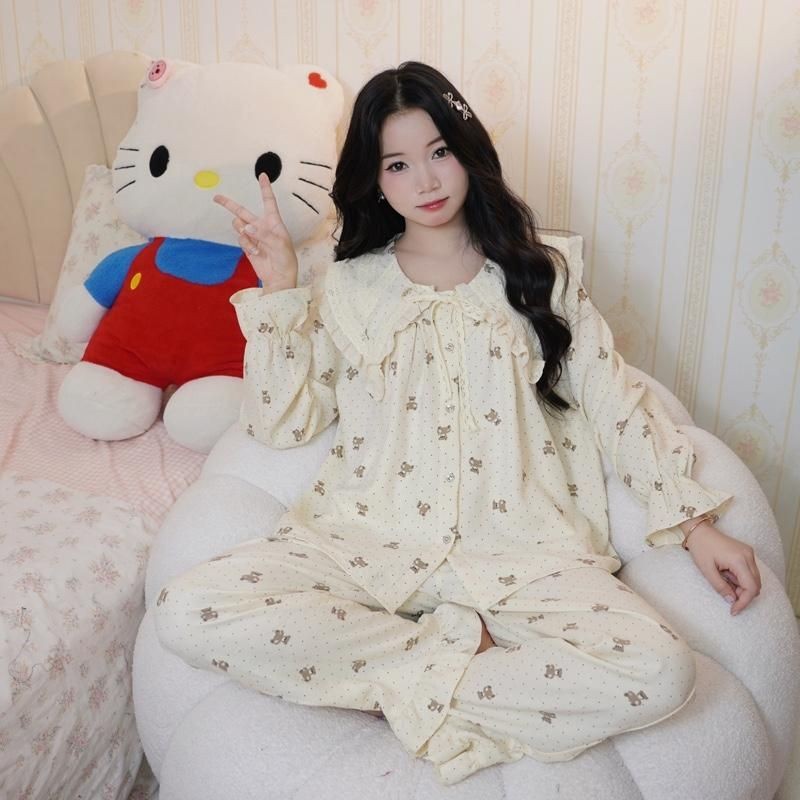 Đũi hàn dài tay bộ ngủ dài tay nữ tiểu thư cổ nhọn bèo vải đũi mùa hè mặc đi ngủ mát mẻ thoải mái Women Quần Ngủ Áo Ngủ | BigBuy360 - bigbuy360.vn