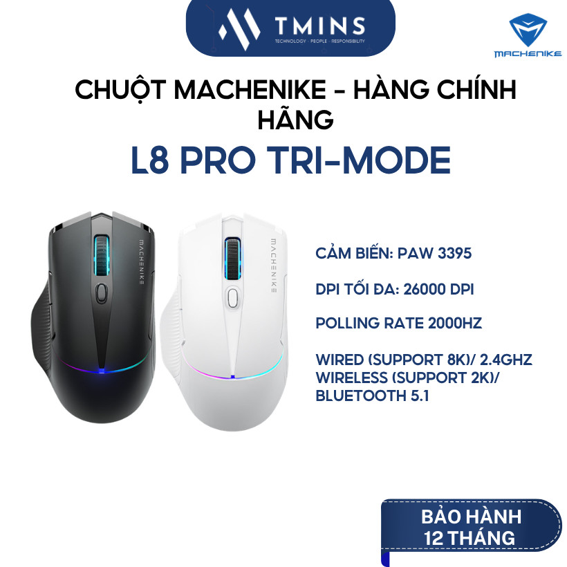 Chuột máy vi tính Machenike L8 Pro Tri-Mode White/ Black (3 Mode/ 26000 DPI/ RGB) - Hàng chính hãng