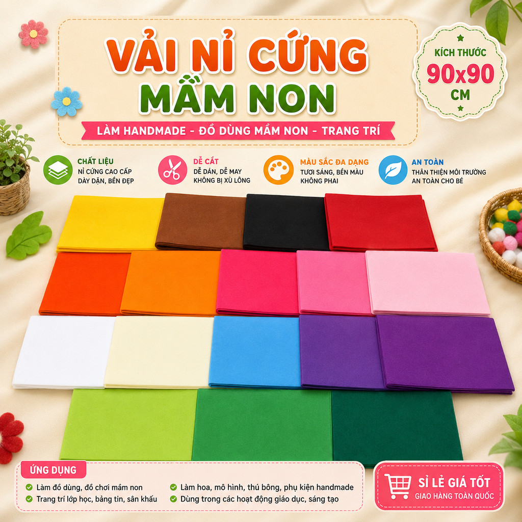 [Sỉ] Vải nỉ cứng mầm non, vải dạ 90x90cm, vải nỉ cứng làm handmade, đồ dùng mầm non