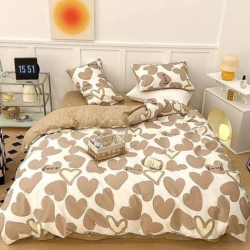 Bộ vỏ chăn ga gối 5 món mẫu Tim Nâu hot trend đầy đủ kích cỡ m2/m6/m8