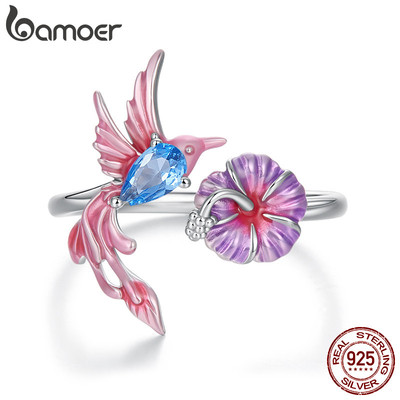 Bamoer Bạc 925 Mở Nhẫn Có Thể Điều Chỉnh Kích Thước Chim Hồng & Hoa Trang Sức Thời Trang Cho Nữ Quà Tặng
