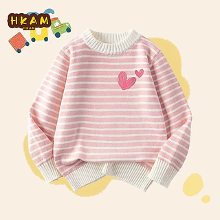 HKAM Áo Len Bé Gái Thu Đông Trẻ Em Áo Len Sọc Ấm Áp Thoải Mái, In Hình Tình Yêu Unisex