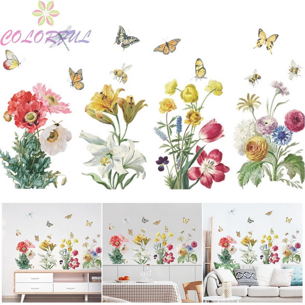 Wall Stickers Wall Decor Colorful Flowers Green Leaves Living Room Mural Art