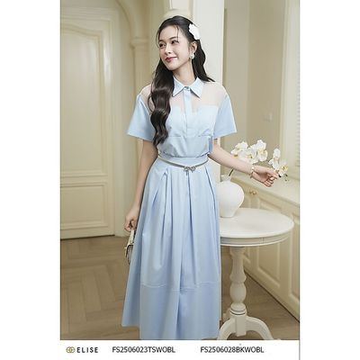 Áo sơ mi thô xanh ốp túi ngực thiết kế Elise mã FS2506023TSWOBL