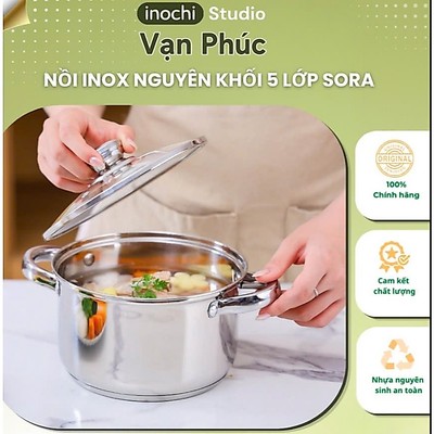 Nồi Inox Nguyên Khối 5 Lớp Sora 20cm Inochi Studio – Inox 304, Không Phủ Chống Dính, Dùng Bếp Từ