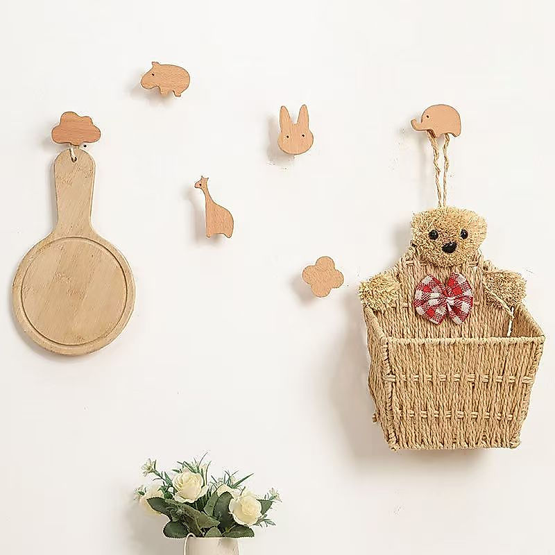 TQ~Solid wood star decorative hook, moon adhesive hook, no-drill simple wooden wall-mounted coat hoo