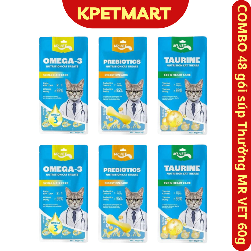 Combo 48 Túi Súp Thưởng Mr.Vet Cho Mèo 60g (4x15g) - Súp Thưởng Cho Mèo Mọi Lứa Tuổi - Pate Cho Mèo 