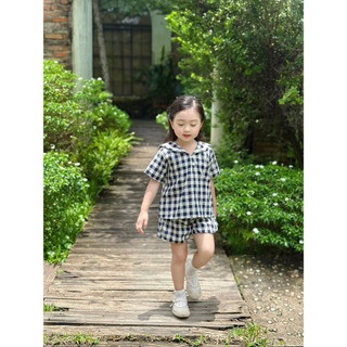 Bộ Đồ CARROT Cho Bé Gái, Họa Tiết Caro Navy Cổ Thuỷ Thủ Quần Bí Chất Linen