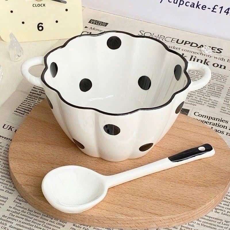 Bát Sứ Gốm Sứ Tráng Men Cao Cấp Kèm Thìa Hoạ Tiết Nơ Hồng - Set 1 Bát 1 Thìa