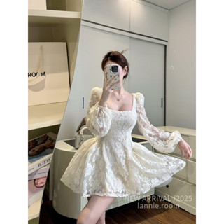  DOTI Váy Đầm Ren Xoè Công Chúa Tay Dài Dự Tiệc Cưới Váy Ren Cổ Vuông Lannie Sang Trọng 