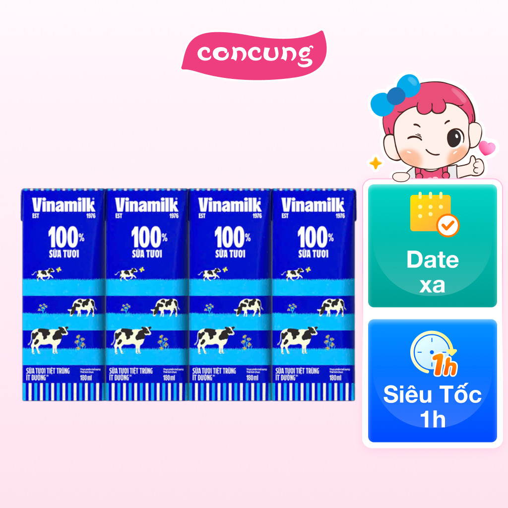 Sữa tươi tiệt trùng ít đường Vinamilk 180ml (Lốc 4 hộp)- Con Cưng