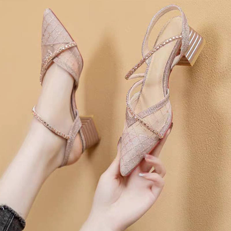 Baotou Đế Bằng Giày Sandal Nữ 0 Lưới Dày Gót Kim Cương Giả Cao Gót Pháp Gót Thấp Mũi Nhọn Giày