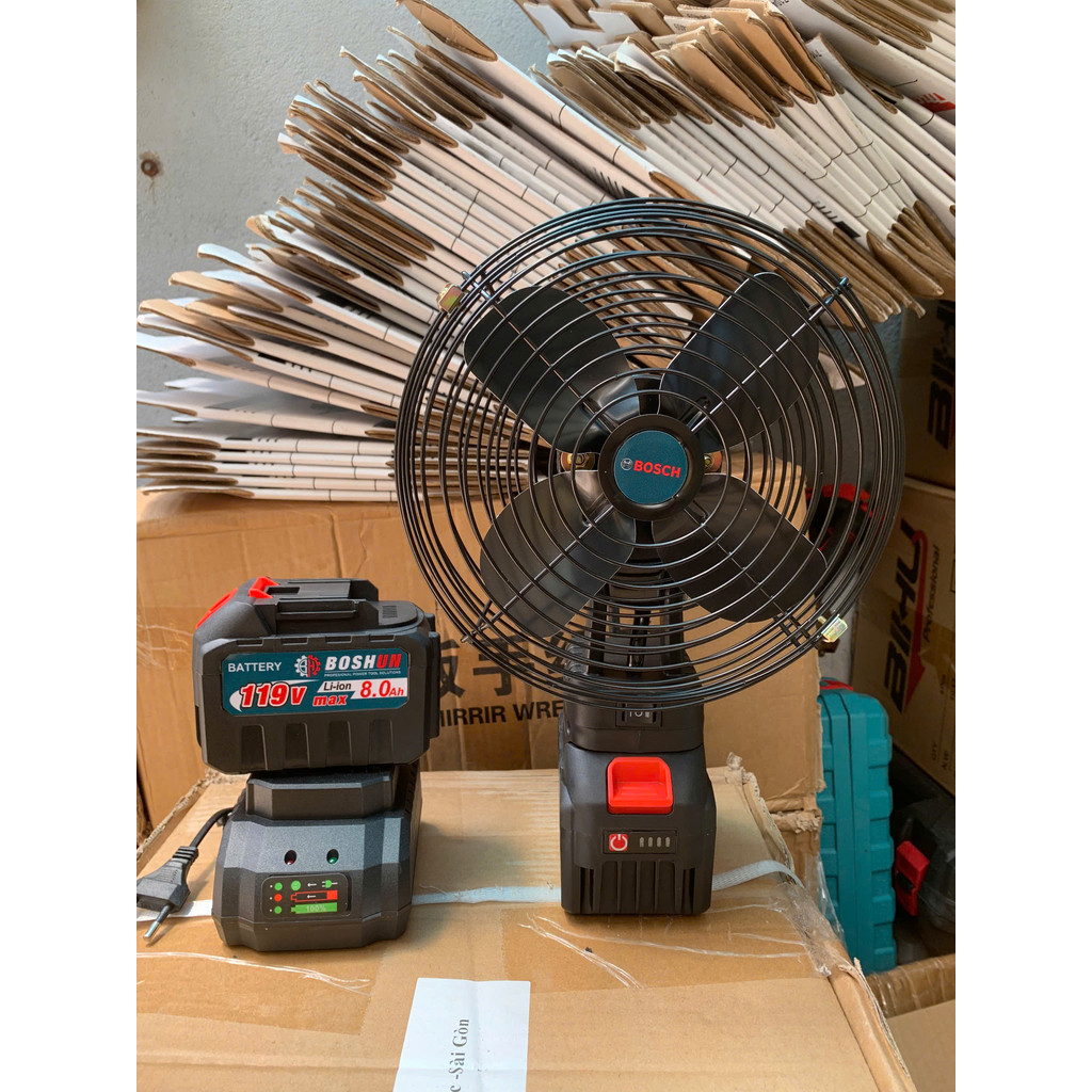 Quạt tích điện, quạt pin mini để bàn Màu đen 8 inch, Quạt pin Boshun 21V pin 15cell , pin 20cell , p