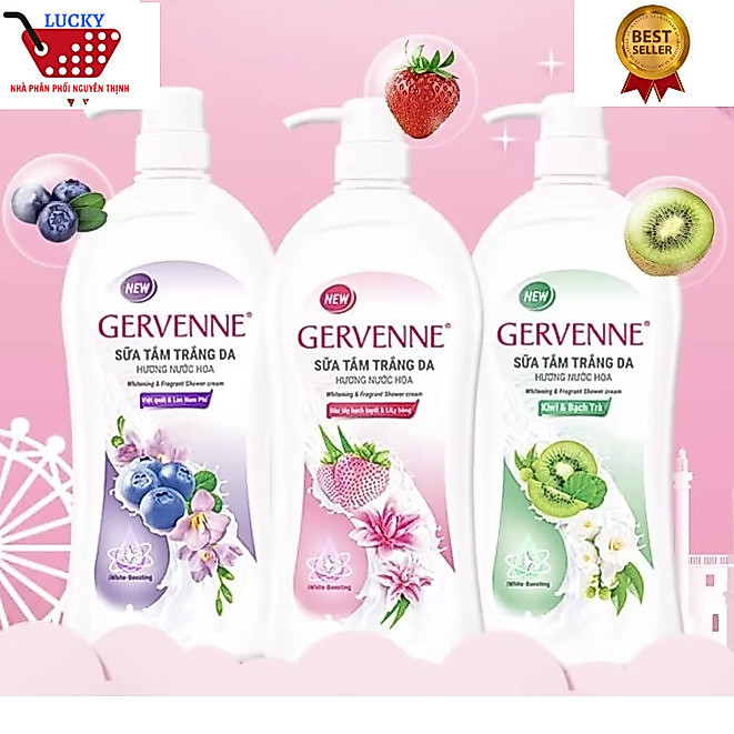 Sữa Tắm Trắng Da Gervenne 450g dâu bạch tuyết và lily hồng/kiwi và bạch trà/việt quất và lan Nam Phi