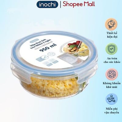 Hộp cơm thủy tinh tròn 2 ngăn 950 ml sử dụng được trong lò vi sóng, nắp đậy thông minh thoát nhiệt