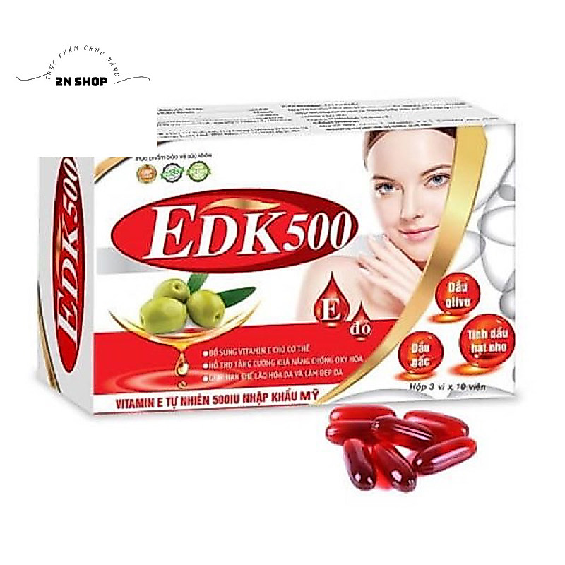 Viên uống vitamin E đỏ EDK500 ngăn ngừa lão hoá ,làm đẹp da , dưỡng ẩm cho da( Hộp 3 vỉ x 10viên )