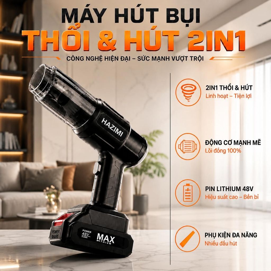 Máy Hút Bụi Cầm Tay Không Giây Công Suất Lớn HAZIMI Kiêm Máy Thổi Bụi, Vệ Sinh Ô Tô Nhà Cửa. MA-503