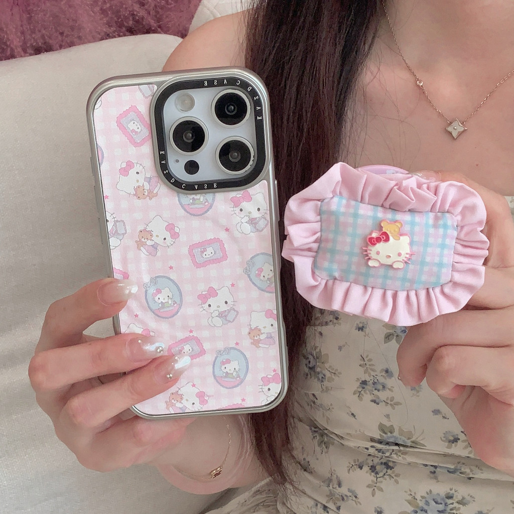Mạ Mặt Mèo Kitty Gối Đứng Veneer Vỏ PU Cho Apple IPhone 17 16 15 14 13 Pro Max Vỏ Chống Sốc