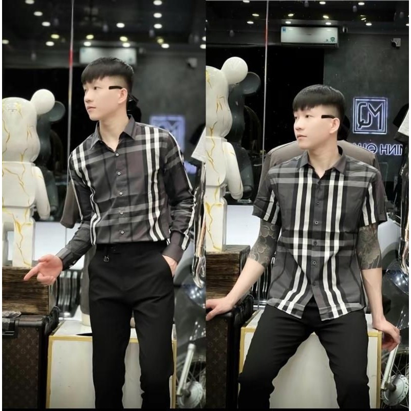 Áo sơ mi nam xám đen kẻ sọc trắng tay ngắn tay dài vải cotton mềm mịn thoáng mát-Menswear Shirt