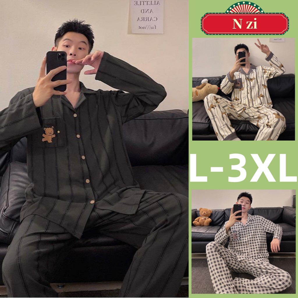 Đồ ngủ nam thu đông tay dài kẻ sọc, chất liệu cotton mềm mại