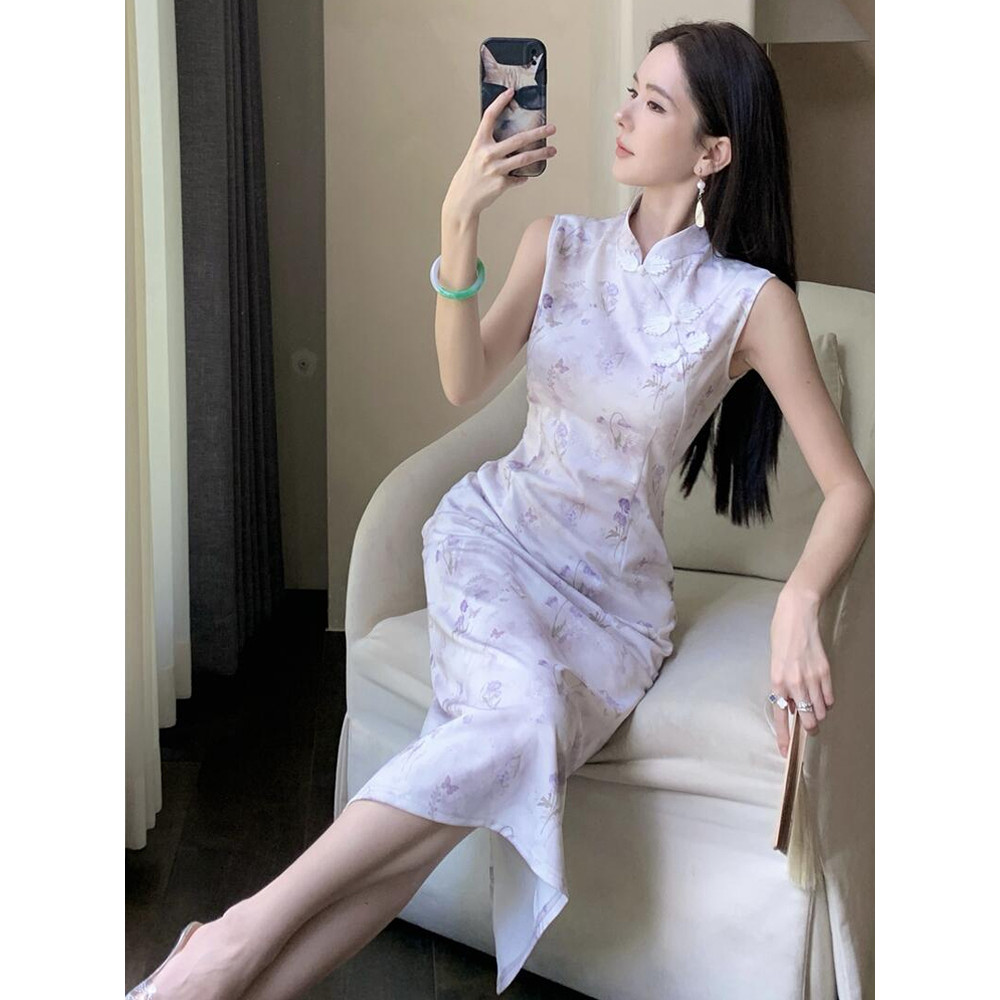 Sườn xám hoa tím nhạt trẻ trung | 3185