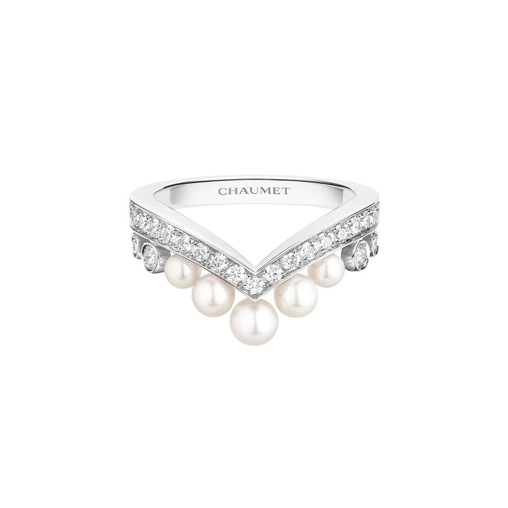 [Có hộp] Nhẫn vàng trắng Jose phine Pearl Egret