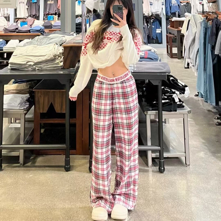 QBEJ American Retro HCO Little Seagull Plaid Letter Ribbon Casual Long Pants Pajama Pants Christmas 