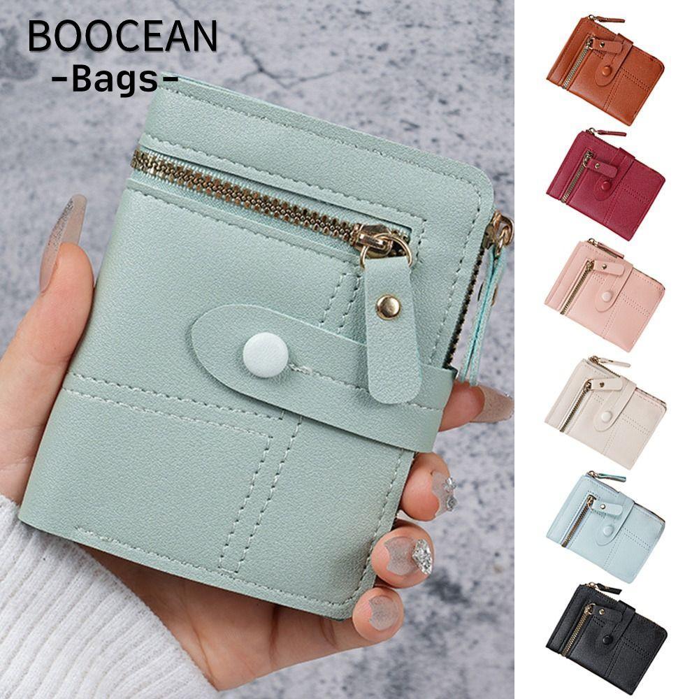 Ví nút BOOCEAN, Ví nữ siêu mỏng màu trơn, Ví mỏng thiết kế ngắn bằng da PU đơn giản dành cho nữ